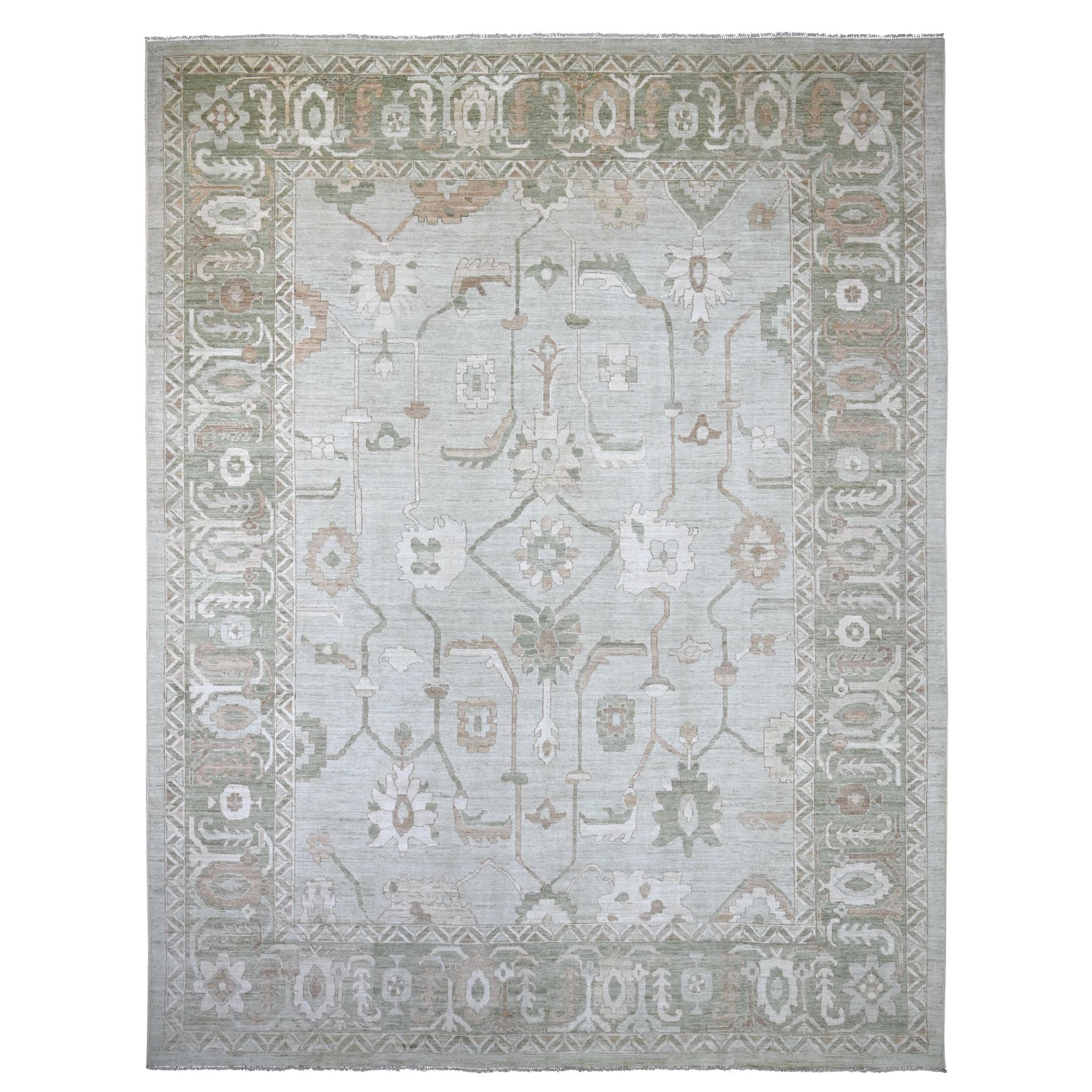 12'x15'7" Light Green, Afghan Angora Oushak with All Over Vines Design, Hand Knotted, 100% Wool, Natural Dyes, Oversized, XL, Oriental Rug 
